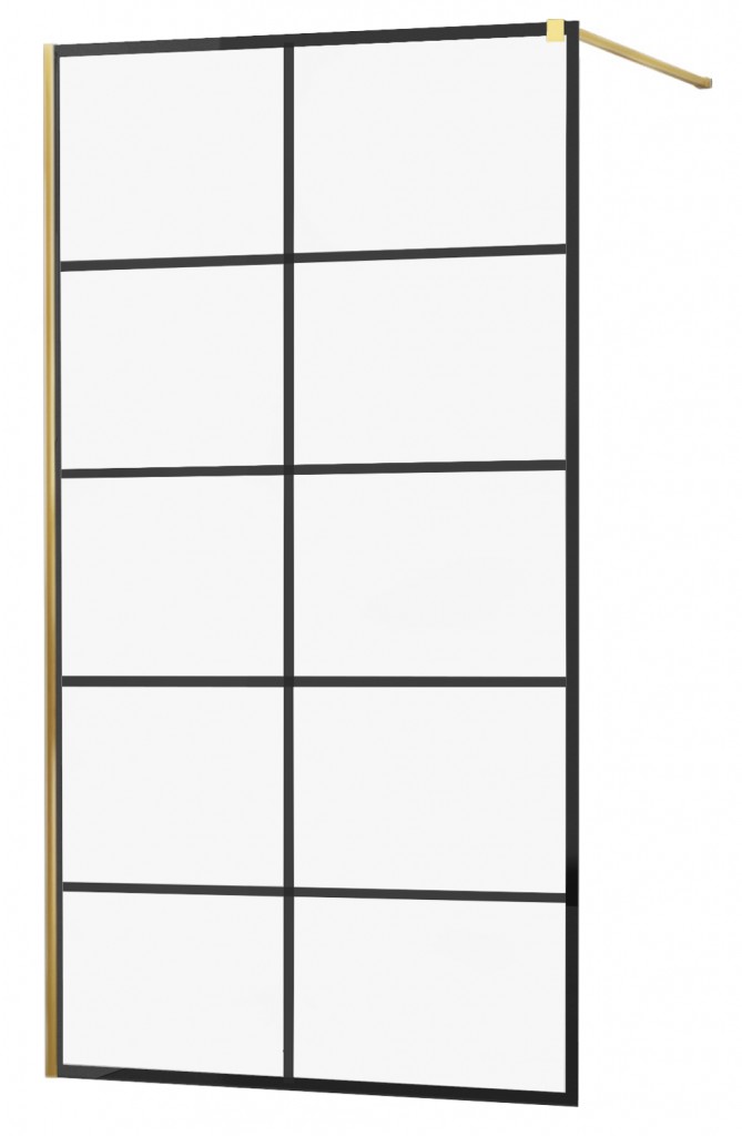 MEXEN/S KIOTO Sprchová zástěna WALK-IN 90x200 cm 8 mm, zlatá, černý vzor 1 800-090-101-50-77