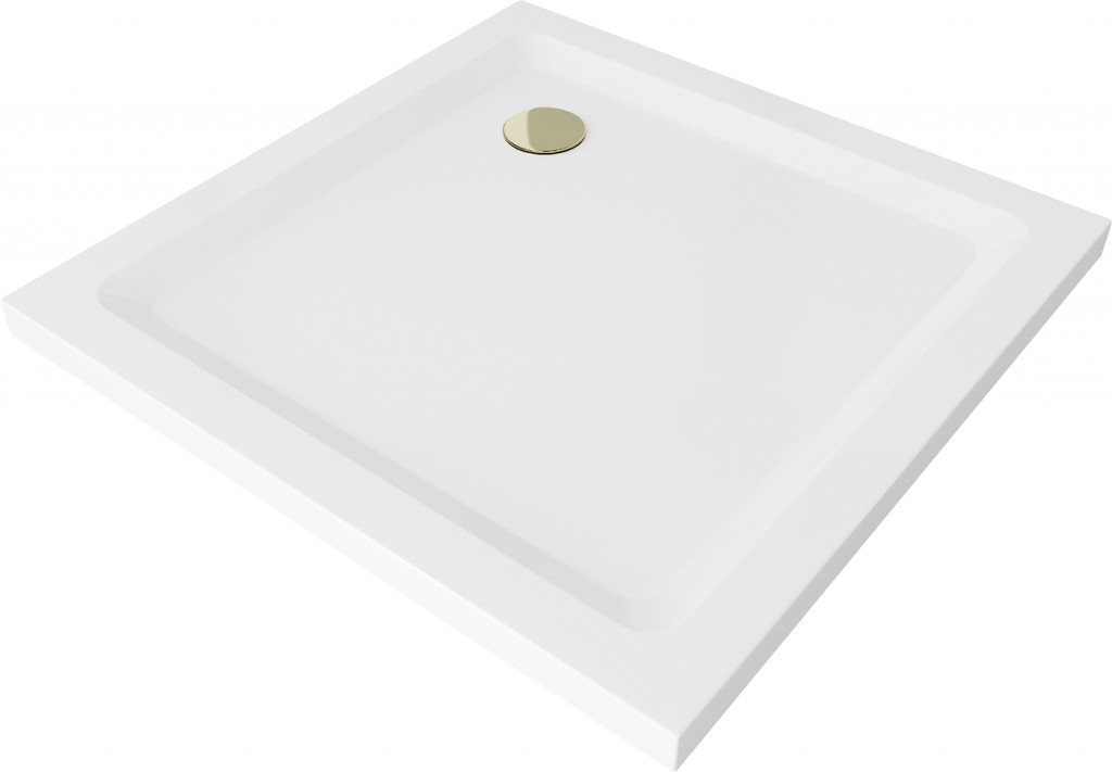 MEXEN/S Flat sprchová vanička čtvercová slim 90 x 90, bílá + zlatý sifon 40109090G