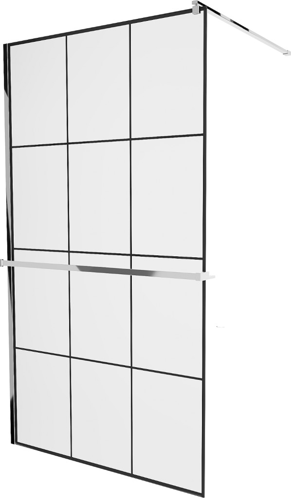 MEXEN/S KIOTO Sprchová zástěna WALK-IN s poličkou a držákem ručníků 100 x 200, transparent/černá 8 mm, chrom 800-100-121-01-77