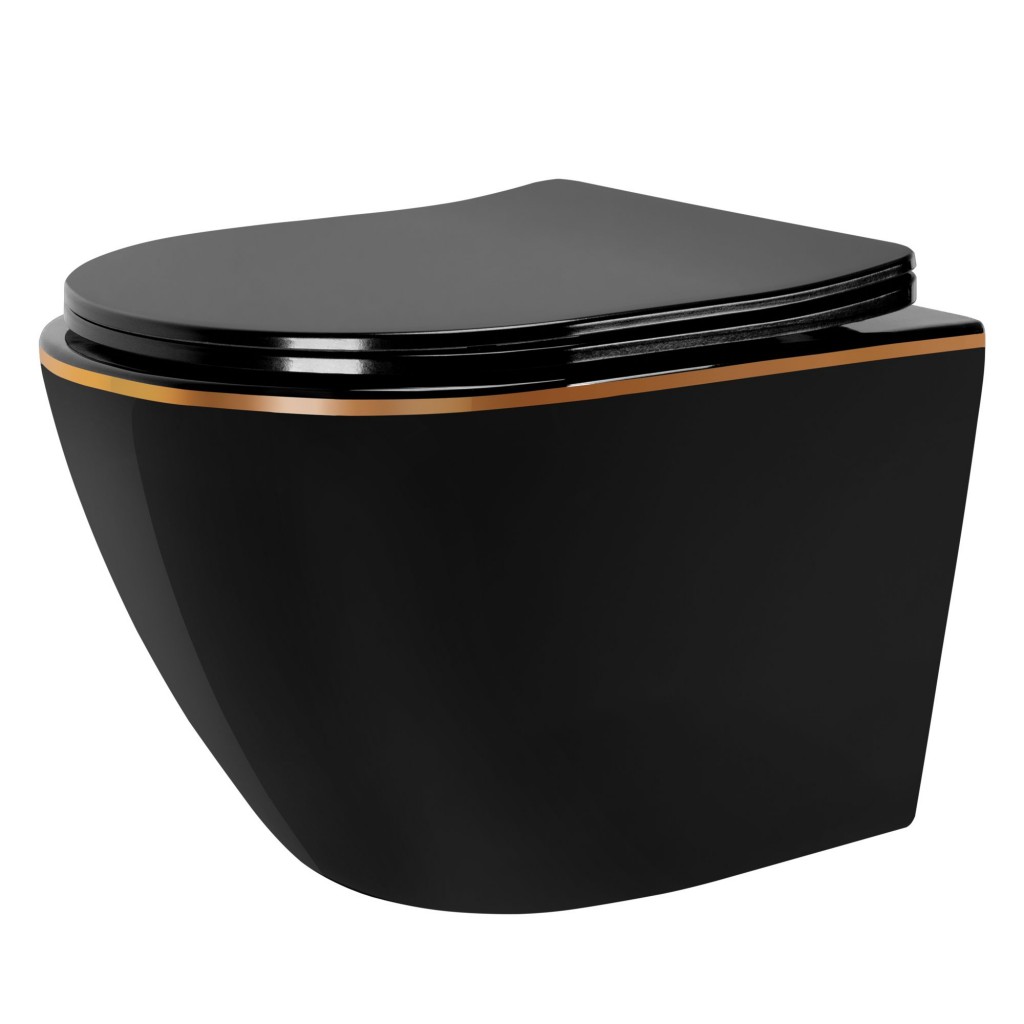 REA Závěsná WC mísa včetně sedátka Carlo Mini Flat černá/zlatý proužek + sedátko duraplast REA-C8800
