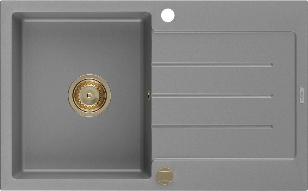 MEXEN/S Bruno granitový dřez 1 s odkapávačem 795x495 mm, šedá, + zlatý sifon 6513791010-71-G