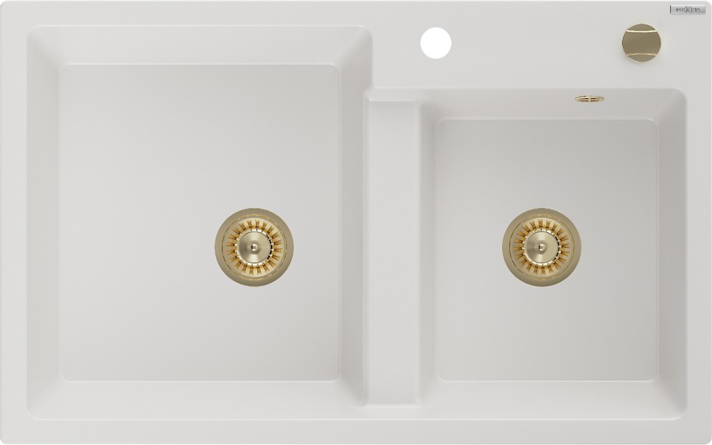 MEXEN/S Tomas granitový dřez 2-bowl 800x500 mm, bílá, + zlatý sifon 6516802000-20-G