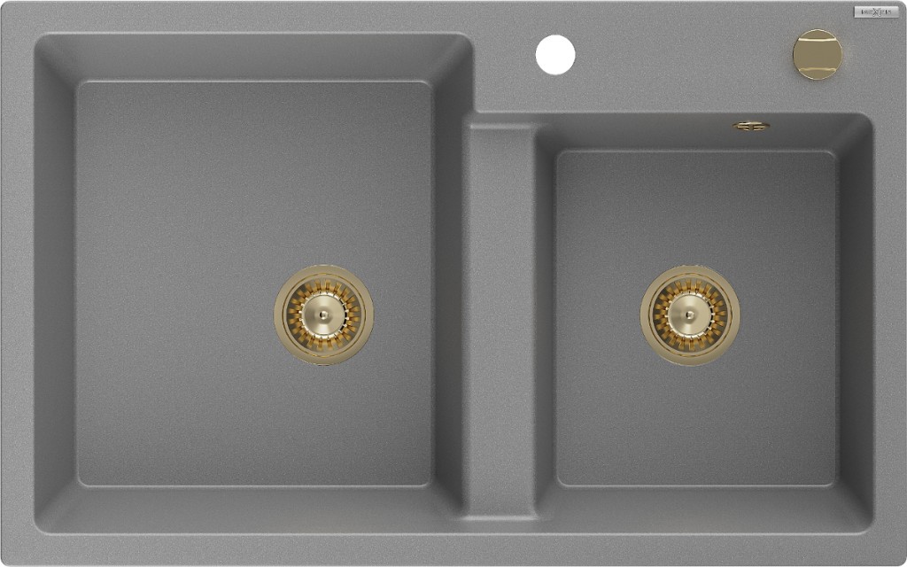 MEXEN/S Tomas granitový dřez 2-bowl 800x500 mm, šedá, + zlatý sifon 6516802000-71-G