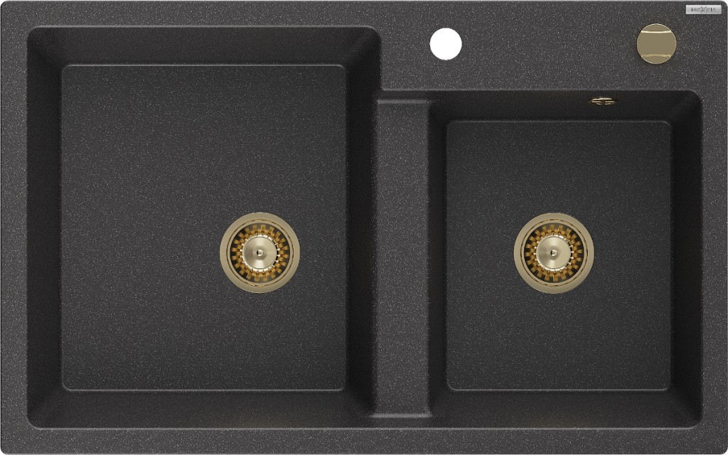 MEXEN/S Tomas granitový dřez 2-bowl 800x500 mm, černá kropenatá, + zlatý sifon 6516802000-76-G