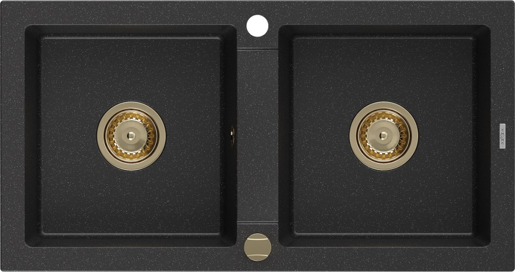 MEXEN/S Mario granitový dřez 2-bowl 820x436 mm, czarny/srebrny metalik,+ zlatý sifon 6504822000-73-G
