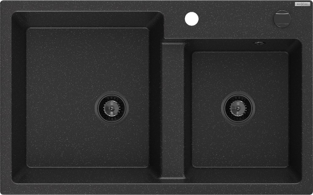 MEXEN/S Tomas granitový dřez 2-bowl 800 x 500 mm, černá/stříbrný metalik, + černý sifon 6516802000-73-B