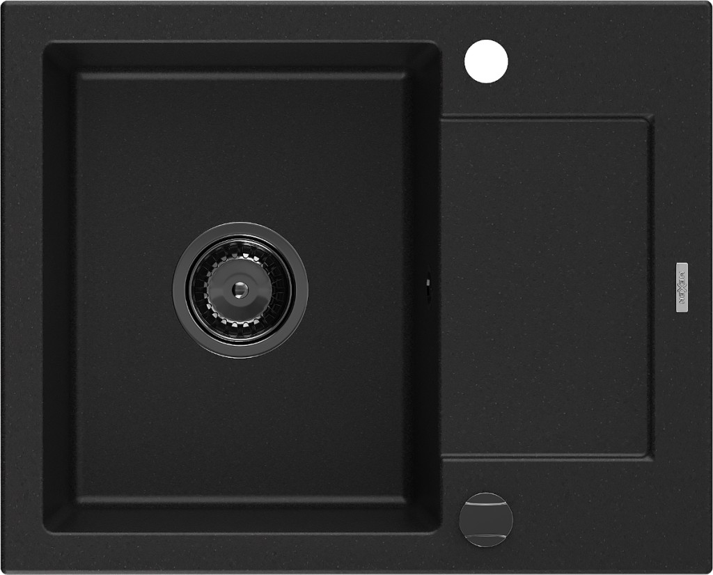 MEXEN/S Enzo granitový dřez 1-miska s odkapávačem 576 x 465 mm, černý, černý sifon 6506571005-77-B