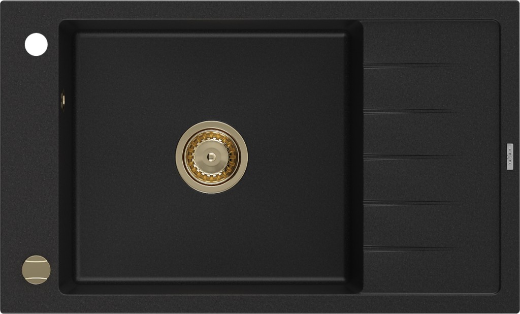 MEXEN/S Elias granitový dřez 1-miska s odkapávačem 795 x 480 mm, černý, zlatý sifon 6511791005-77-G