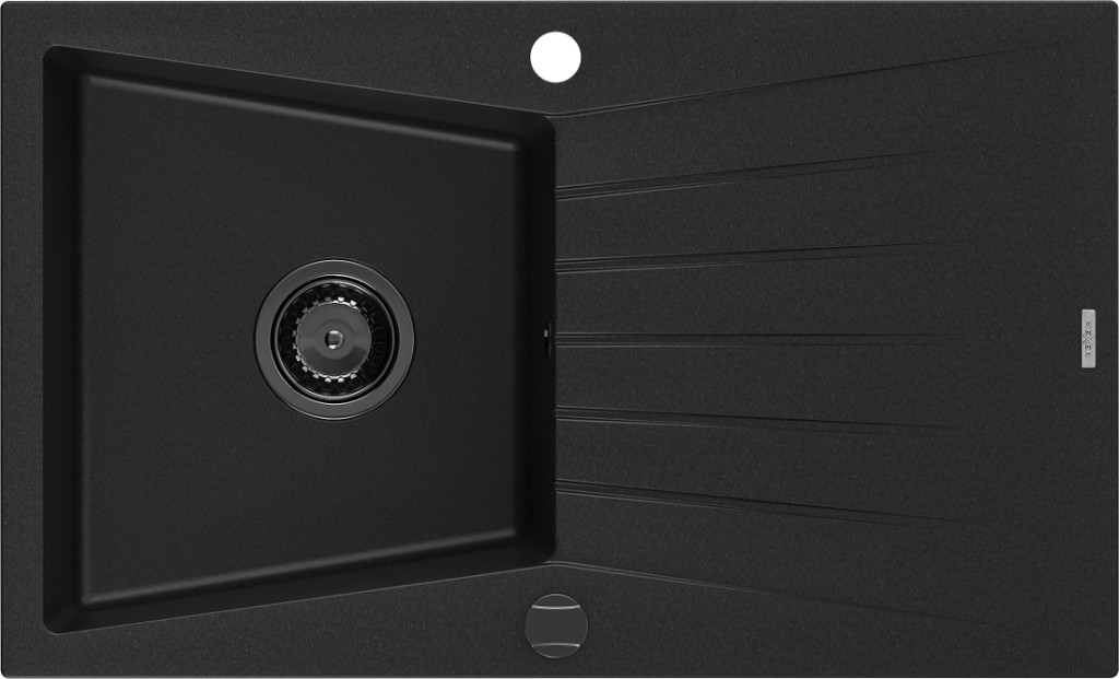 MEXEN/S Cesar granitový dřez 1-miska s odkapávačem 775 x 470 mm, černý, černý sifon 6514771010-77-B