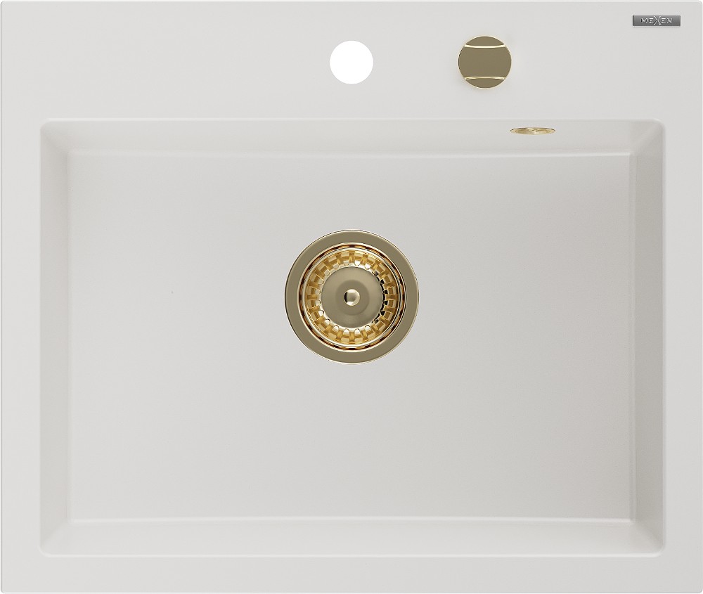MEXEN/S Oscar granitový dřez 580 x 490 mm, bílá, zlatý sifon 6519581000-20-G