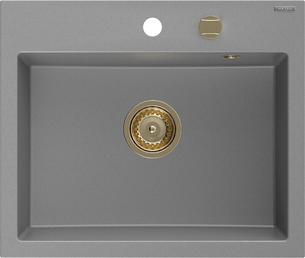 MEXEN/S Oscar granitový dřez 580 x 490 mm, šedá, zlatý sifon 6519581000-71-G