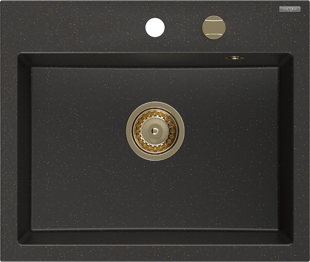 MEXEN/S Oscar granitový dřez 580 x 490 mm, černá/zlatá metalik, zlatý sifon 6519581000-75-G