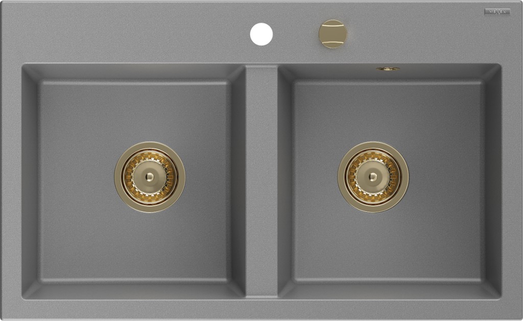 MEXEN/S Hektor granitový dřez 2-bowl 800 x 480 mm, šedá, zlatý sifon 6521802000-71-G