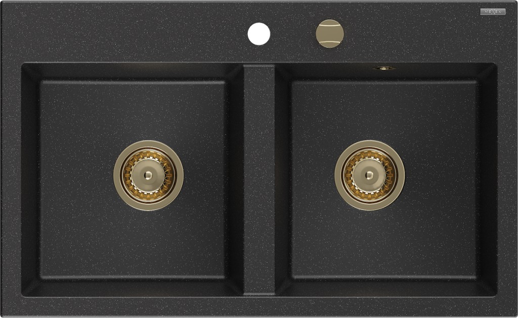 MEXEN/S Hektor granitový dřez 2-bowl 800 x 480 mm, černá/stříbrná metalik, zlatý sifon 6521802000-73-G