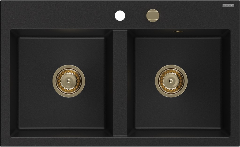 MEXEN/S Hektor granitový dřez 2-bowl 800 x 480 mm, černá, zlatý sifon 6521802000-77-G