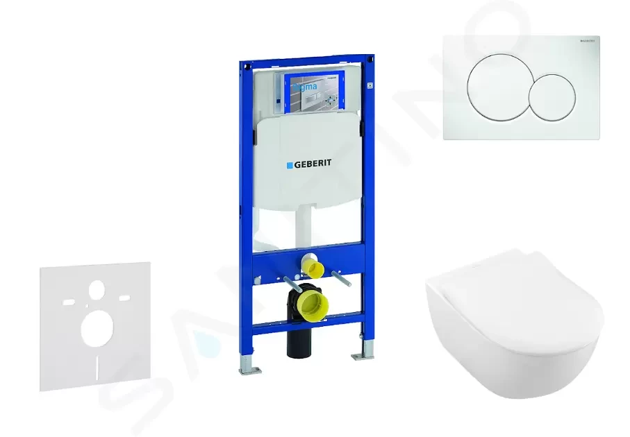 GEBERIT Duofix Modul pro závěsné WC s tlačítkem Sigma01, alpská bílá + Villeroy Boch WC a sedátko, DirectFlush, SoftClose, CeramicPlus 111.300.00.5 NI1