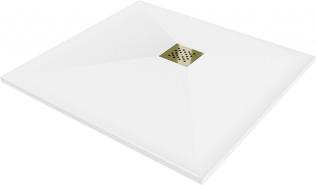 MEXEN/S Stone+ čtvercová sprchová vanička 100 x 100, bílá, mřížka zlatá 44101010-G