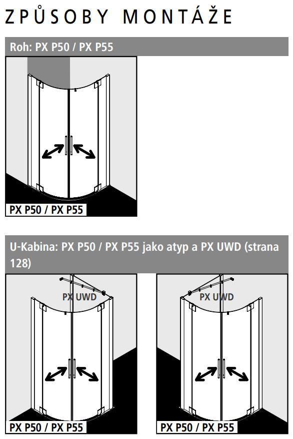 Kermi Čtvrtkruh Pasa XP P50 10018 970-1000/1850 stříbrná matná ESG čiré Čtvrtkruhový sprch. kout kyvné dveře s pevnými poli (PXP50100181AK)