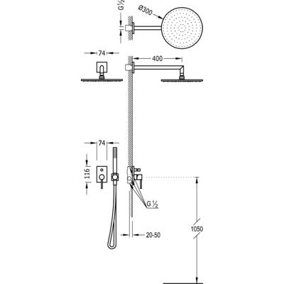 TRES - Podomítkový jednopákový sprchový set MAXs uzávěrem a regulací průtoku. Včetně podomítkového tělesa Pevná sprcha O 3 (06298001)