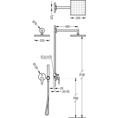 TRES - Podomítkový jednopákový sprchový set CLASSs uzávěrem a regulací průtoku. Včetně podomítkového tělesa Pevná sprcha 2 (20518002)