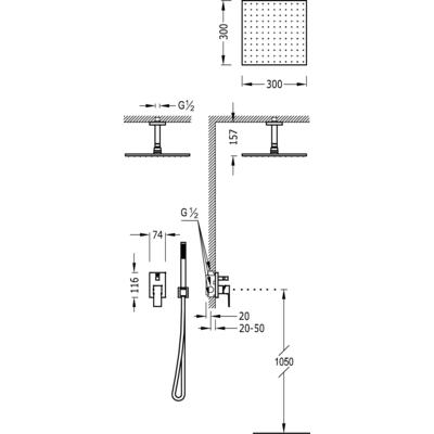 TRES - Podomítkový jednopákový sprchový set CUADROs uzávěrem a regulací průtoku. Včetně podomítkového tělesa Pevná sprcha  (00618080)