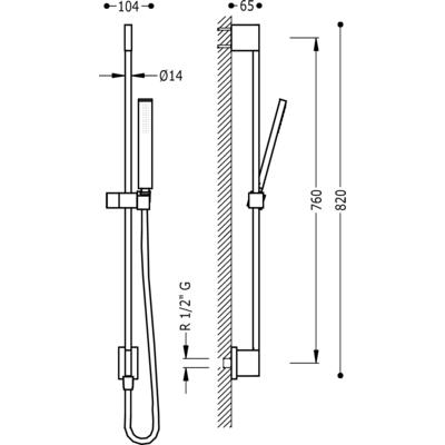 TRES - Posuvná tyč s nástěnným přívodem vodyO 14 mm. Délka 760 mm. Ruční sprcha, proti usaz. vod. kamene (202.639.01). Flexi h (03493201)