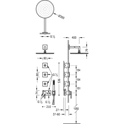 TRES - Vestavěná jednopáková baterie 3V Včetně podomítkového tělesa (3-cestná) Pevná sprcha O 300 mm. s kloubem. Materiál M (21027304)