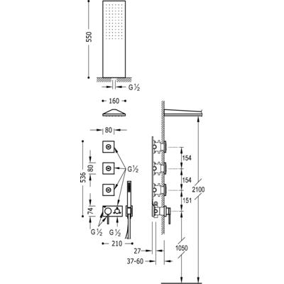 TRES - Vestavěná jednopáková baterie 3V Včetně podomítkového tělesa (3-cestná) Nástěnné sprchové kropítko z nerez. oceli 16 (21027305)