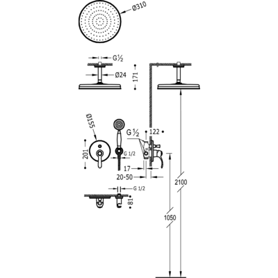 TRES - Sprchová sada vestavnás uzávěrem a regulací průtoku. Včetně podomítkového tělesa Pevná sprcha O 310 mm. s kloubem. (24218004)