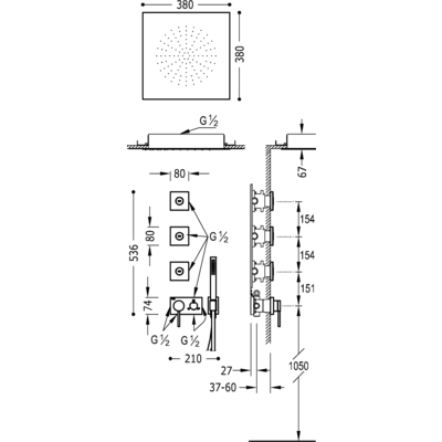 TRES - Vestavěná jednopáková baterie 3V Včetně podomítkového tělesa (3-cestná) Sprchové kropítko z nerez. oceli 380x380 mm. (21027309)