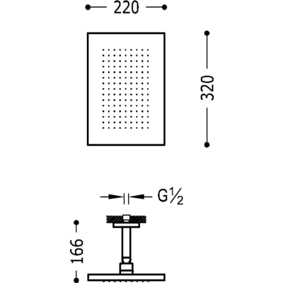 TRES - Stropní sprchové ramínko s kropítkem se systémem proti usaz. vod. kamenes kloubem. 320x220 mm. (03443202)