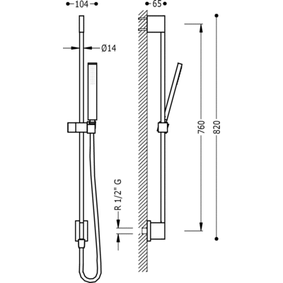 TRES - Posuvná tyč s nástěnným přívodem vodyO 14 mm. Délka 760 mm. Ruční sprcha, proti usaz. vod. kamene. Flexi hadice SATIN. (03493201AC)