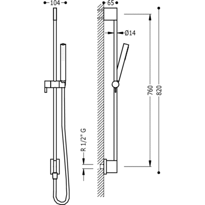 TRES - Posuvná tyč s nástěnným přívodem vodyO 14 mm. Délka 760 mm. Ruční sprcha, proti usaz. vod. kamene. Flexi hadice SATIN. (03493101NM)