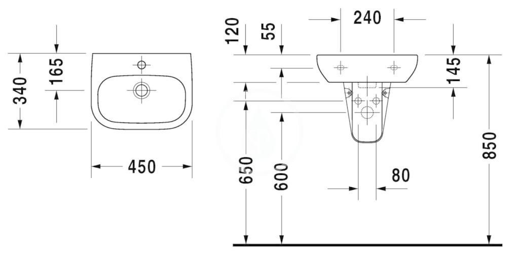 DURAVIT - D-Code Umývátko 450x340 mm, s přepadem, s otvorem pro baterii, bílá (07054500002)