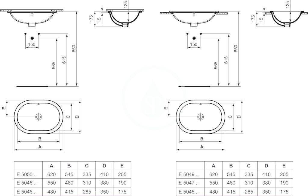 IDEAL STANDARD - Connect Umyvadlo pod desku, 480x350 mm, s přepadem, bílá (E504601)