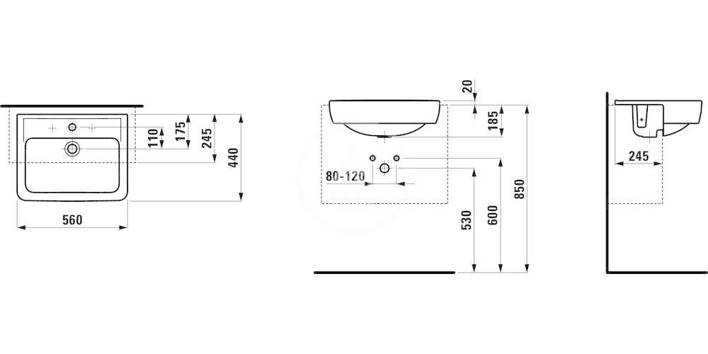 Laufen - Pro Umyvadlo polozápustné, 560x440 mm, 1 otvor pro baterii, bílá (H8129610001041)