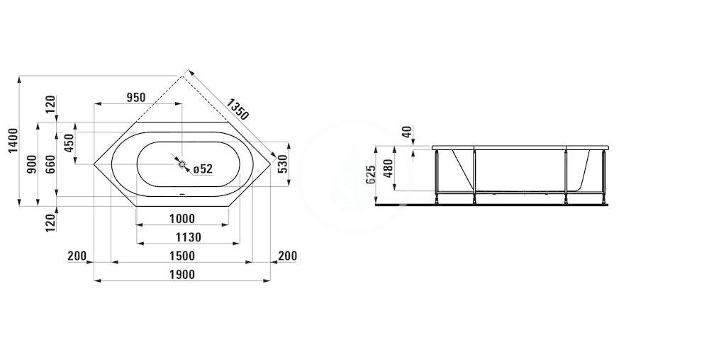 Laufen - Solutions Vana s konstrukcí, 1900x900 mm, bílá (H2255210000001)