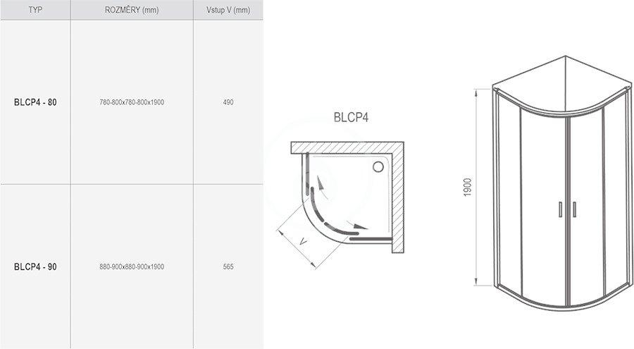 RAVAK - Blix Čtvrtkruhový sprchový kout čtyřdílný BLCP4-90, 880-900 mm, lesklý hliník/sklo Grape (3B270C00ZG)