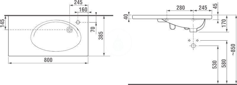 JIKA - Tigo Umyvadlo nábytkové, 800x385 mm, s otvorem vpravo, bílá (H8122180001061)