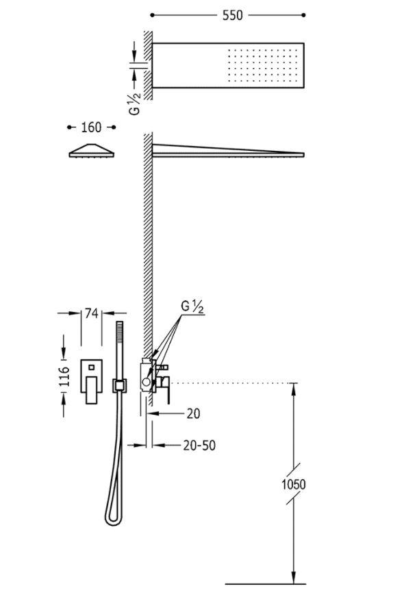 TRES - Podomítkový sprchový set CUADRO s uzávěrem a regulací průtoku, včetně tělesa (00618003OR)