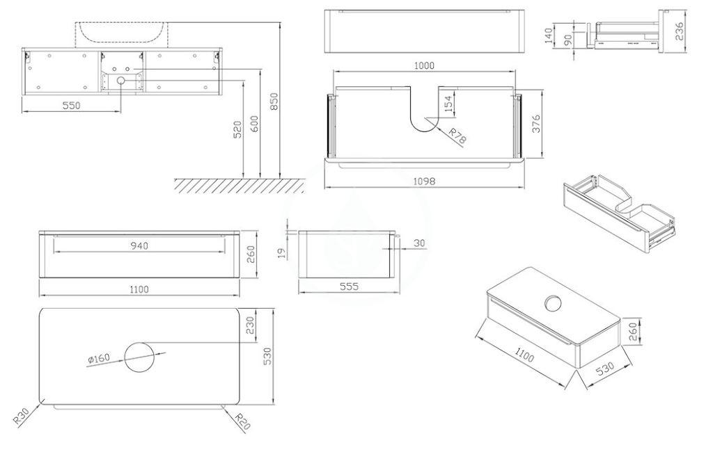 RAVAK - SUD Umyvadlová skříňka 1100x530x260 mm, satinové dřevo (X000001101)