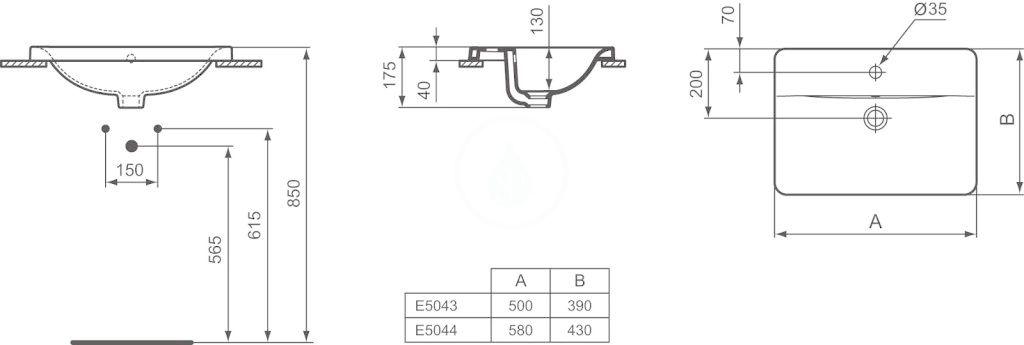 IDEAL STANDARD - Connect Umyvadlo zápustné, 500x390 mm, s přepadem, 1 otvor pro baterii, bílá (E504301)