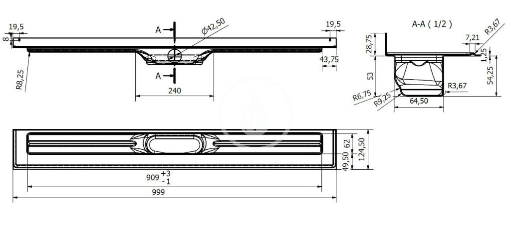 I-Drain - Chape 54 Nerezový sprchový žlab M, pro délku roštu 900 mm, ke stěně (ID4ZSM09001X1)