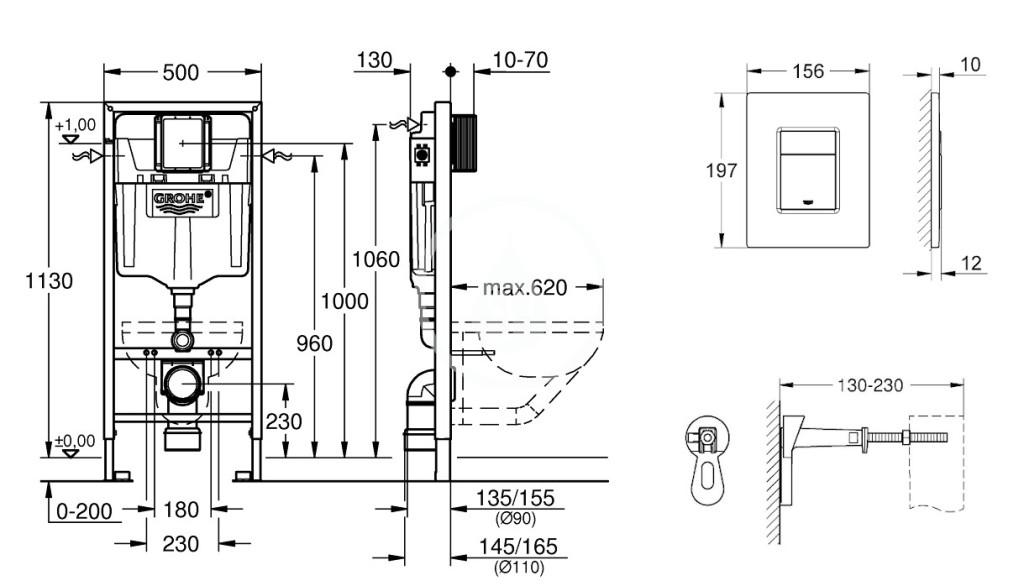 GROHE - Rapid SL Předstěnový instalační set pro závěsné WC, výška 1,13 m, ovládací tlačítko Skate Cosmpolitan, chrom (38772001)