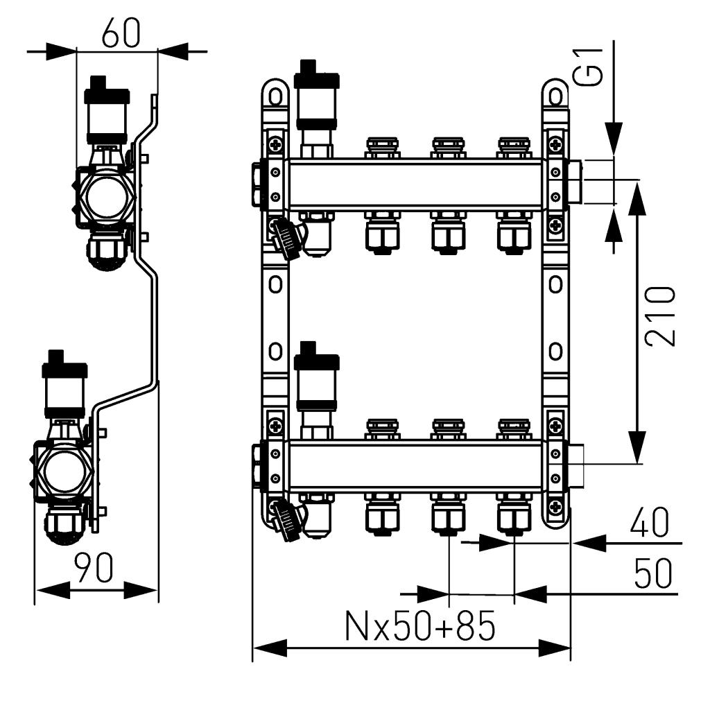 NOVASERVIS - Rozdělovač nerez s regulačními mechanickými ventily 6 okruhů (SN-RO06S)