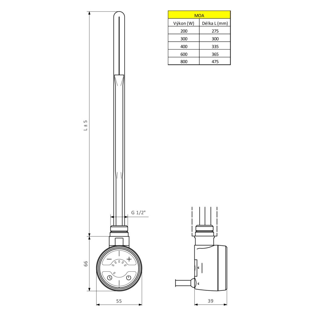 SAPHO - MOA topná tyč s termostatem, 800 W, chrom (MOA-C-800)