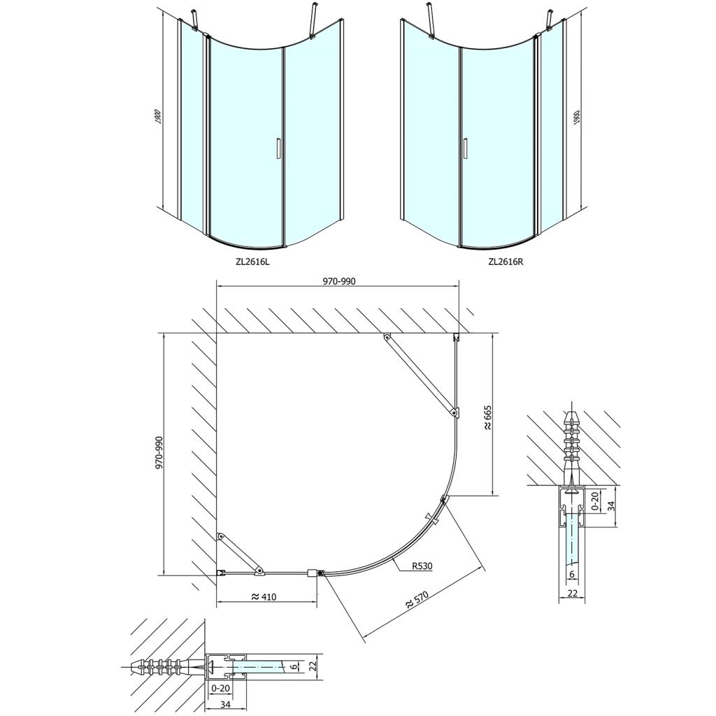 POLYSAN - ZOOM LINE čtvrtkruhová sprchová zástěna 1000x1000mm, čiré sklo, pravá (ZL2616R)