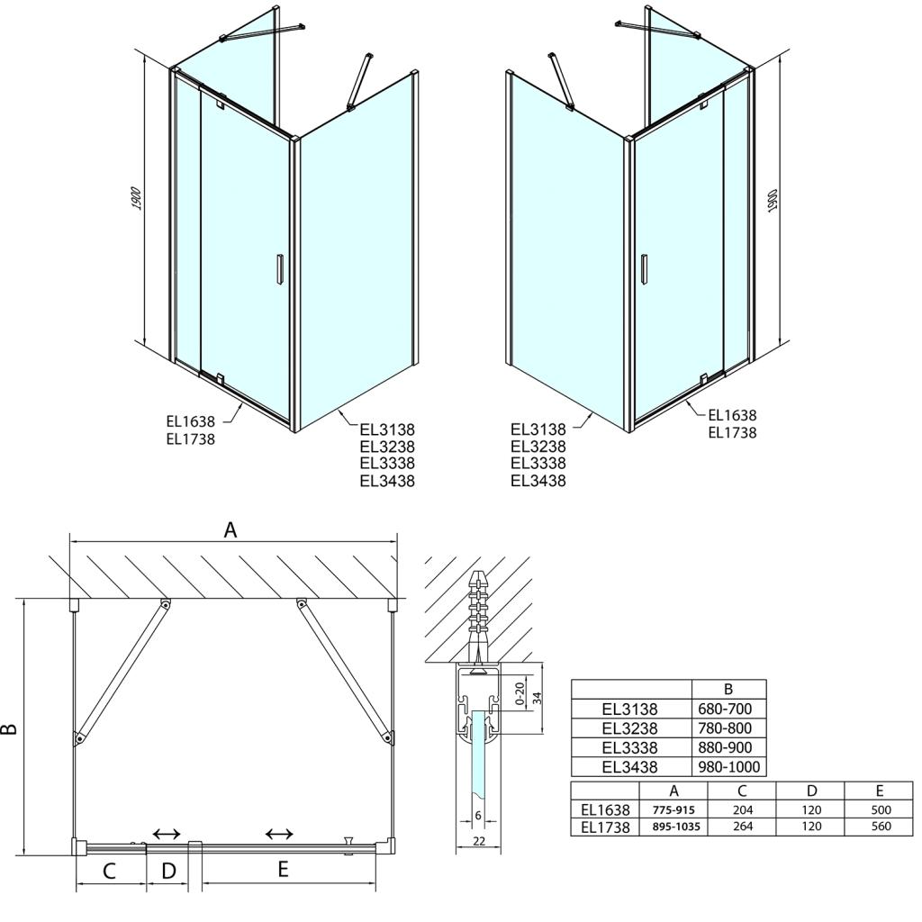 POLYSAN - EASY LINE třístěnný sprchový kout 800-900x800mm, pivot dveře, L/P varianta, Brick sklo (EL1638EL3238EL3238)