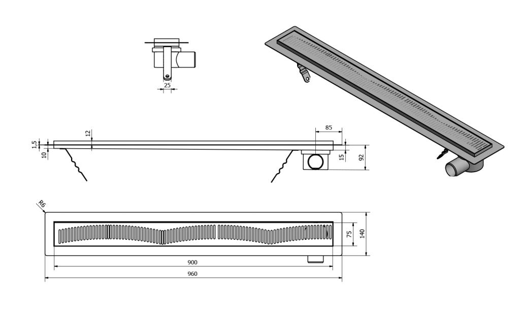 AQUALINE - VENTO nerezový sprchový kanálek s roštem, 960x140x92 mm (2708-10)