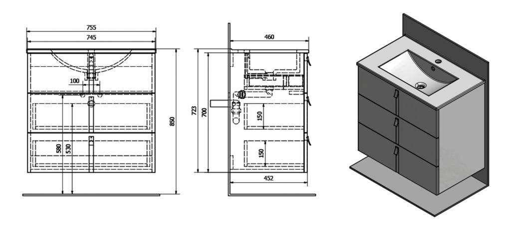 SAPHO - MITRA umyvadlová skříňka s umyvadlem, 3 zásuvky, 150x70x46 cm, antracit (2XMT0821601-150)